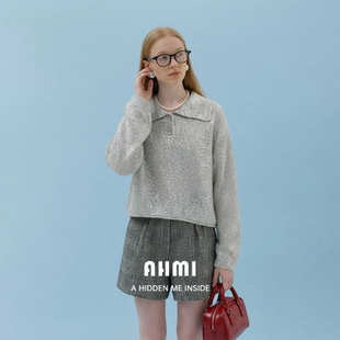 AHMI“闪闪的星河”极简慵懒风亮丝翻领长袖针织衫女秋冬套头毛衣