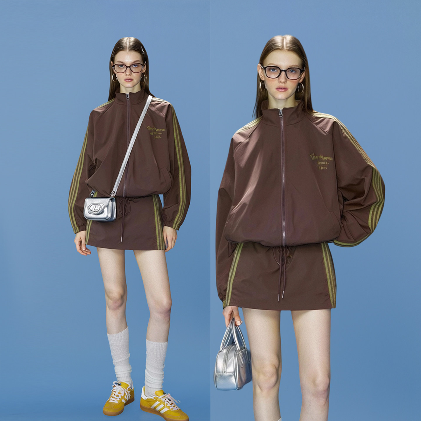 AHMI&ldquo;城市游猎&rdquo;条纹运动风外套裙子套装秋季少女硬朗风夹克短裙