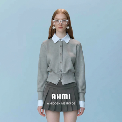 AHMI撞色翻领假两件针织开衫上衣