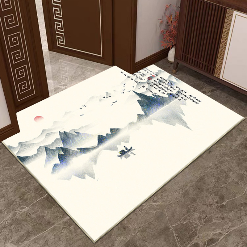 国风山水入户门地垫禅意高级地毯进门门口室内脚垫蓝色工笔画门垫