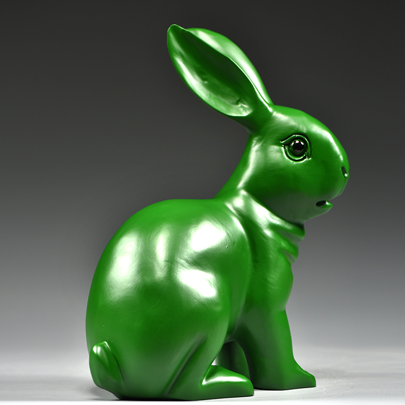 绿色木雕兔子摆件雕刻工艺品家居客厅玄关木质动物生肖兔装饰摆设