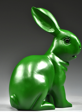 绿色木雕兔子摆件雕刻工艺品家居客厅玄关木质动物生肖兔装饰摆设