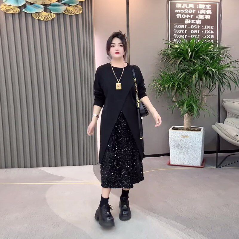 加大码女装圆领长袖交叉底摆外套亮片半身裙胖妹妹时尚显瘦两件套,女装/女士精品,大码套装,淘宝优惠券,粉丝福利购,淘宝优惠卷