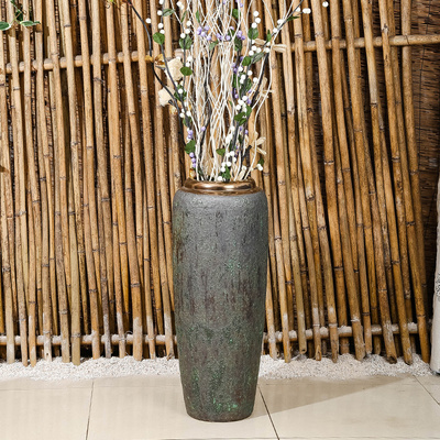 景德镇陶瓷花瓶干花客厅花盆镶金边铜绿锈釉仿古落地花瓶粗陶陶罐