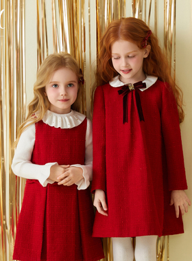 郭遇安同款|Petite Marguerite小雏菊童装·红色花呢蝴蝶结连衣裙