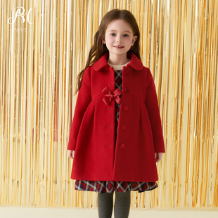 Petite Marguerite小雏菊童装千金公主风长袖红色翻领羊毛呢大衣