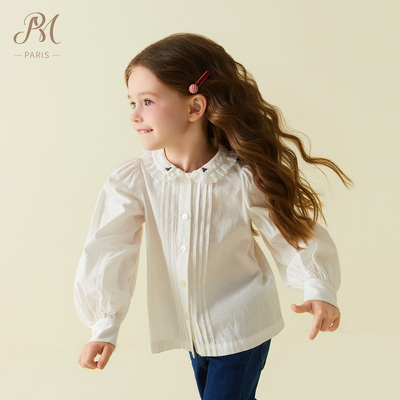 小雏菊PM童装塔克褶手工刺绣衬衫