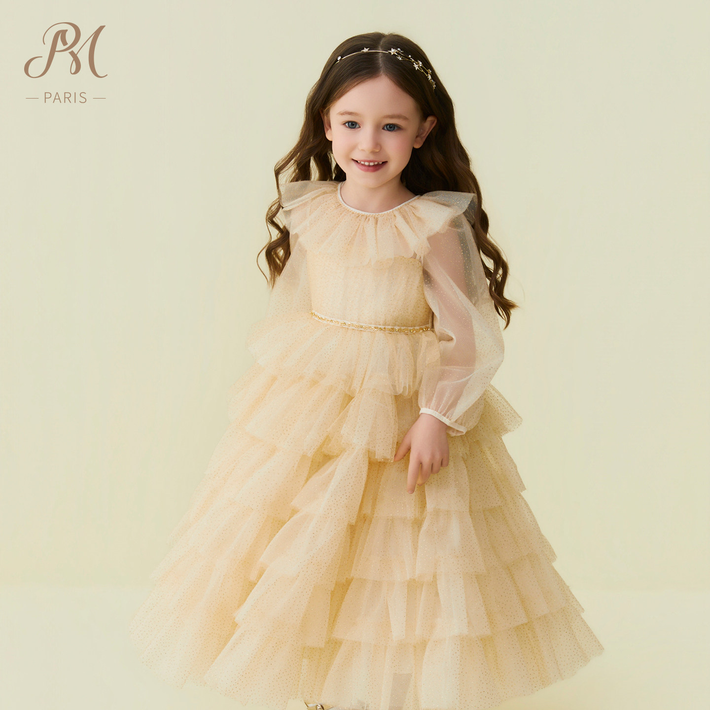 Petite Marguerite小雏菊童装香槟色荷叶边蛋糕连衣