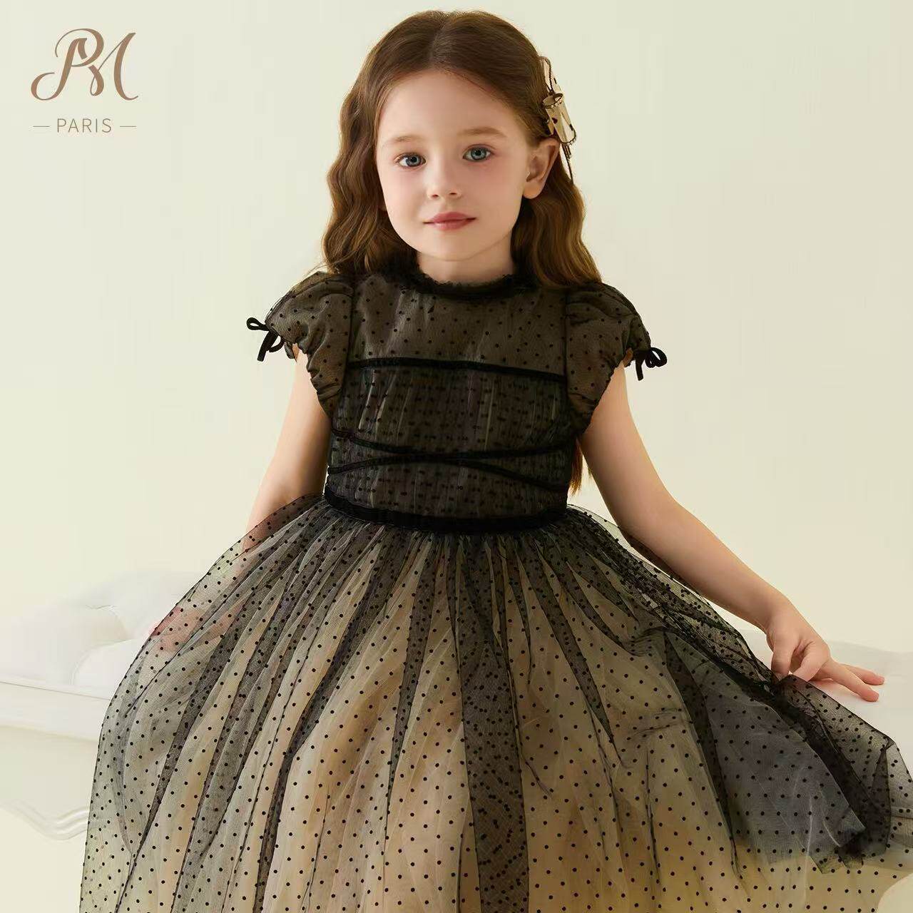 Petite Marguerite小雏菊童装千金感黑色蕾丝短袖点