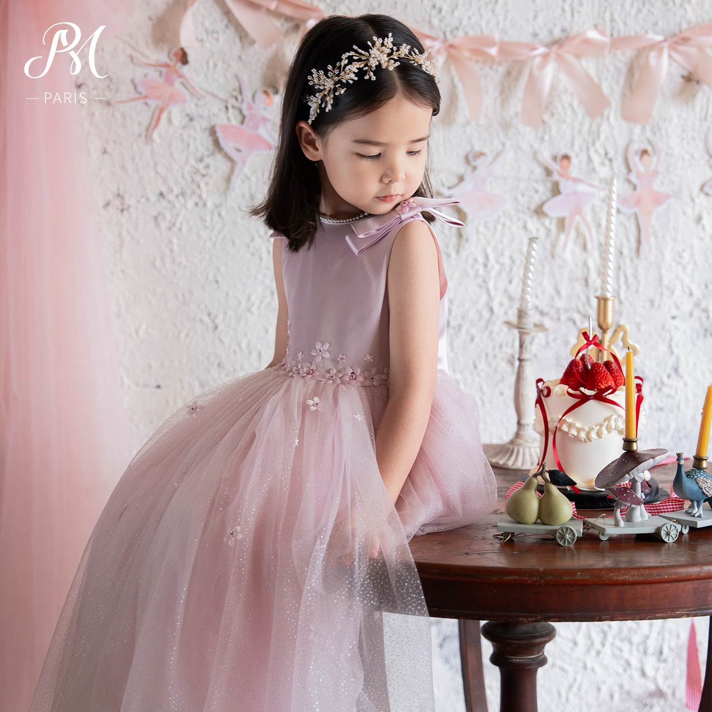 Petite Marguerite小雏菊童装·粉紫色钉花蝴蝶结网