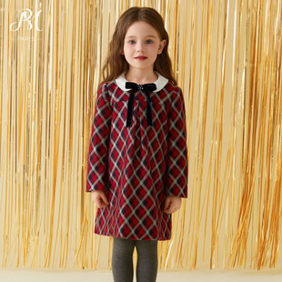 Petite Marguerite小雏菊童装秋冬长袖翻领红色格子蝴蝶结连衣裙
