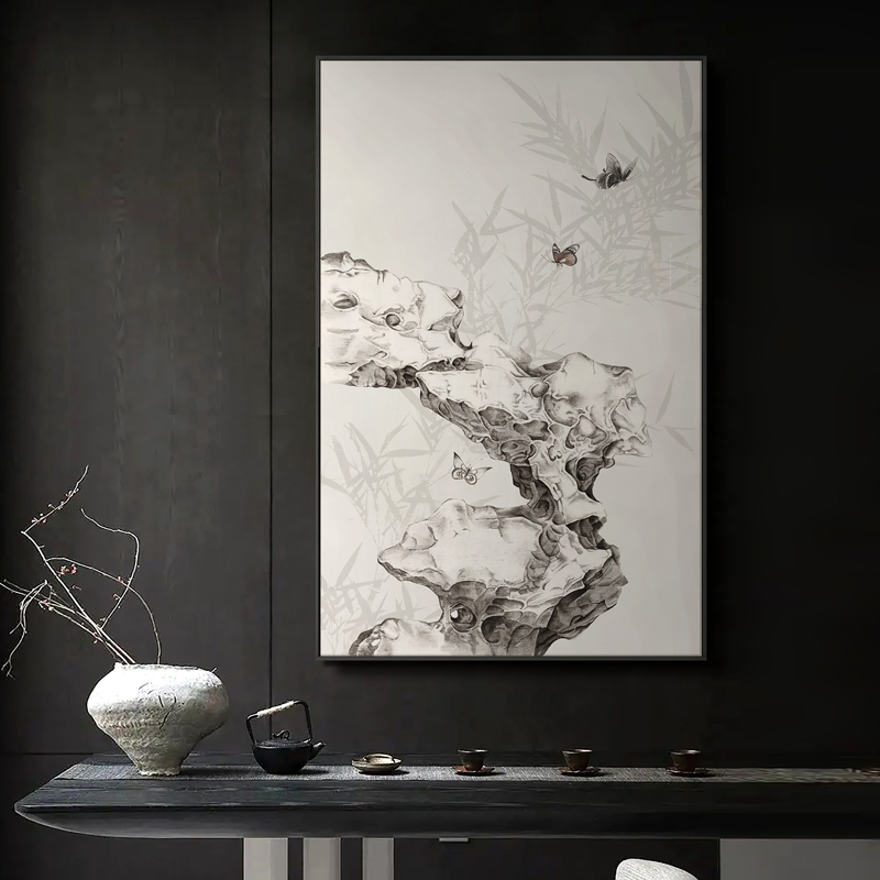 新中式太湖石茶室客厅沙发背景墙装饰画酒店民宿样板房挂画禅意