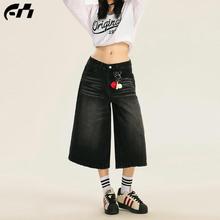 美式复古黑色七分裤女夏2025新款水洗做旧宽松阔腿辣妹牛仔中短裤