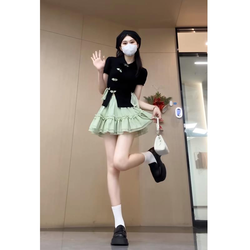 新中式国风甜辣套装女夏绑带收腰盘扣上衣短裙jk制服两件套小个子