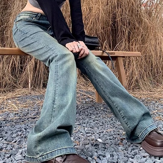 复古微喇牛仔裤女2025年新款夏季美式辣妹弹力小个子低腰喇叭裤子