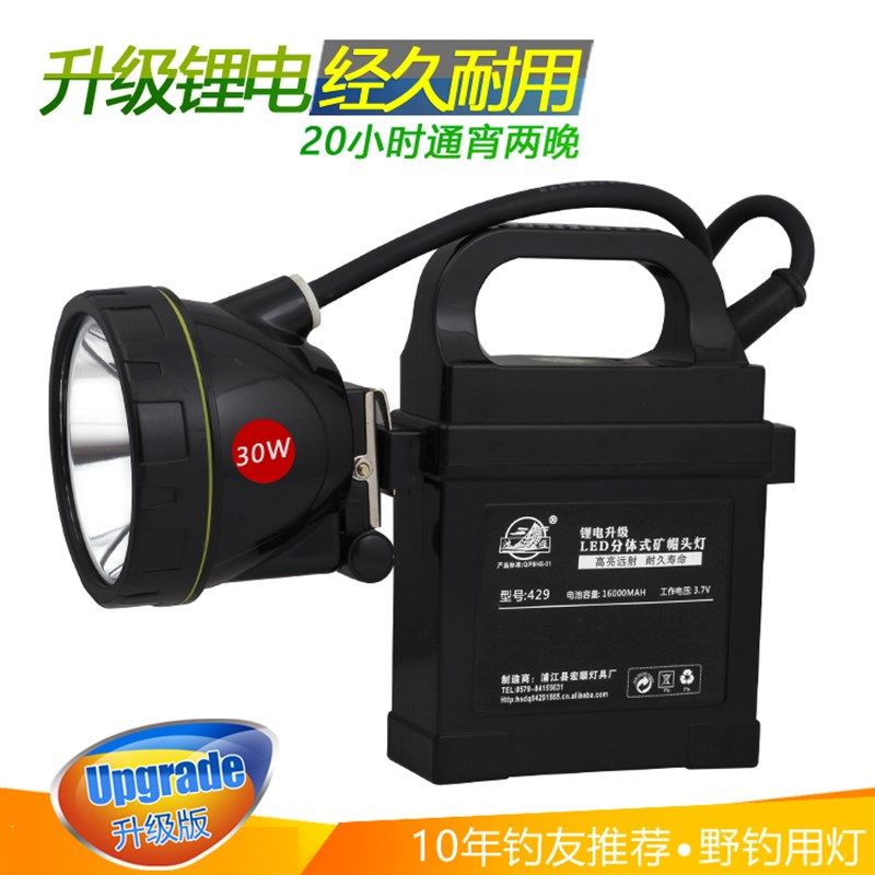 蓝光钓鱼灯30W电瓶夜钓灯 锂电池led强光头灯 充电黄光垂钓灯矿灯