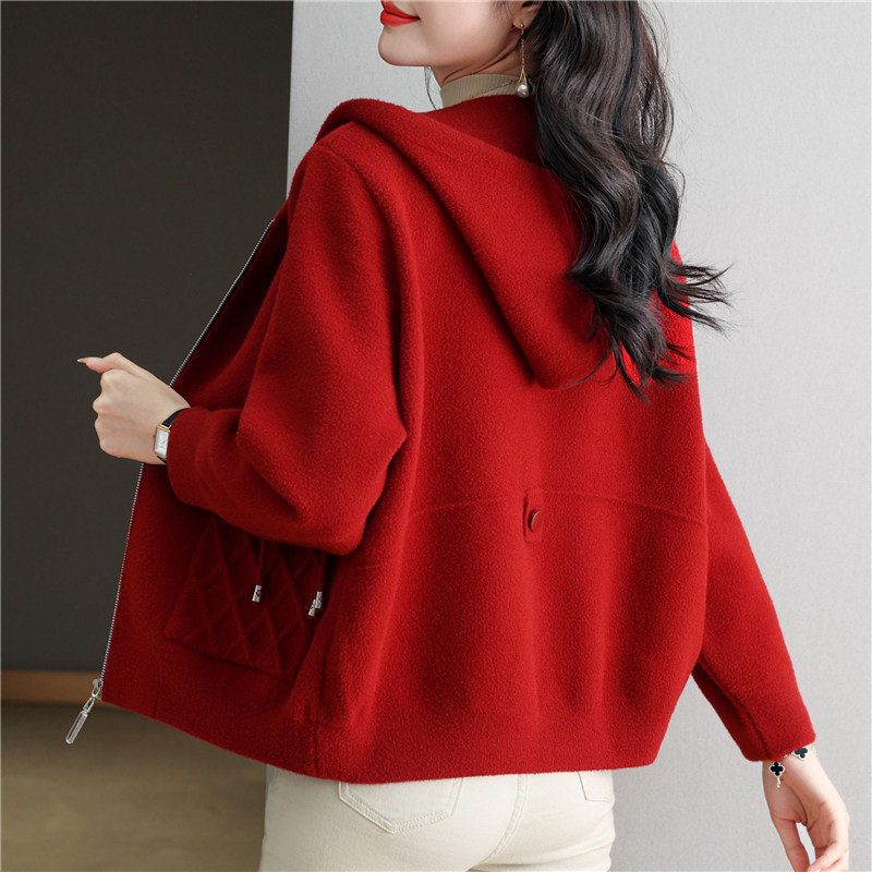 红色连帽棒球服短外套女春秋2025年新款宽松加厚拉链夹克开衫卫衣