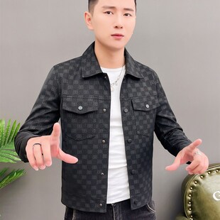 皮衣男士2023爆款修身印花潮流机车服秋冬翻领皮夹克男生帅气外套