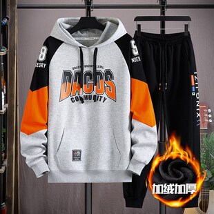 秋冬季纯棉卫衣12岁男孩初中学生13加绒加厚15青少年大童运动套装