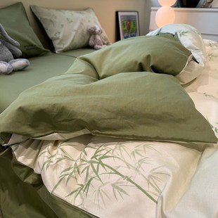 简约新中式嫩绿竹子床上纯棉全棉四件套公寓床单被套床笠款床品