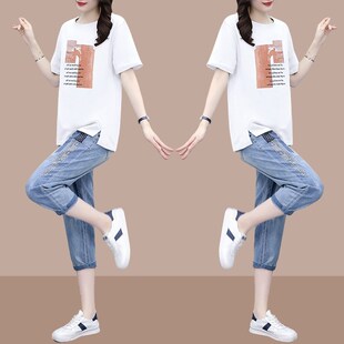胖mm宽松休闲套装 夏装 t桖搭配牛仔裤 显瘦半袖 T恤 大码 纯棉短袖 女装