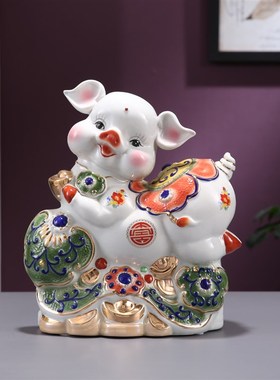 陶瓷描金猪存钱罐招财创意生肖礼物中式客厅电视柜桌面摆放装饰品