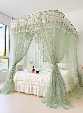 2024新款U型轨道导轨蚊帐加密加厚三开门落地家用卧室纹账高级白