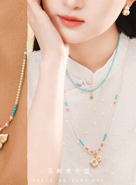 A多宝葫芦项炼女款松石色国风新中式长版毛衣炼 炼 设计感小