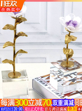 新中式样板房客厅书房水晶花大理石底座摆件办公室新古典软装饰品