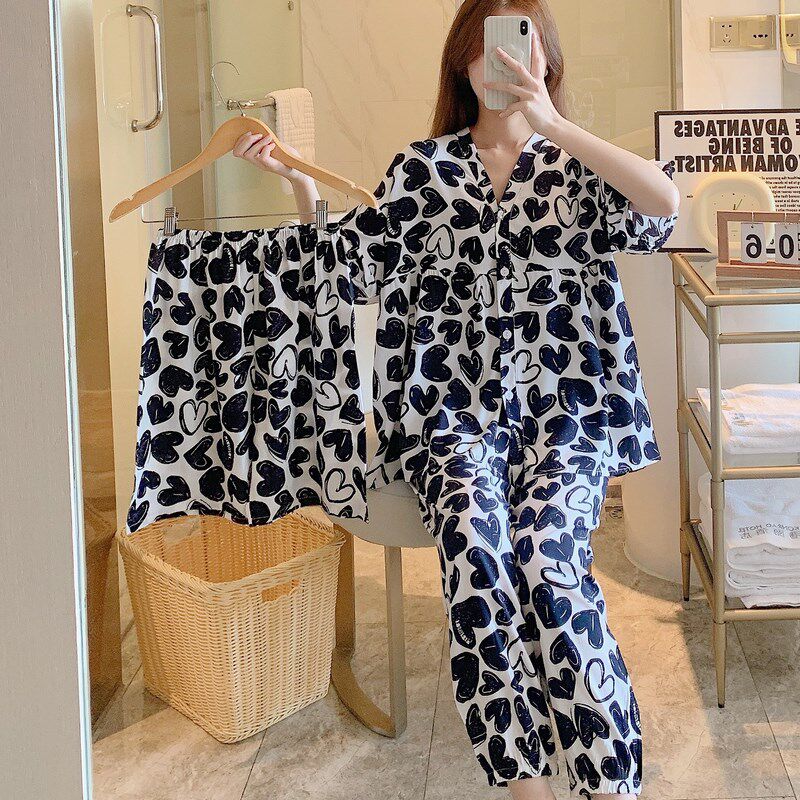 三件套棉绸睡衣女夏短袖短裤长裤绵绸家居服人造棉套装大码网红风