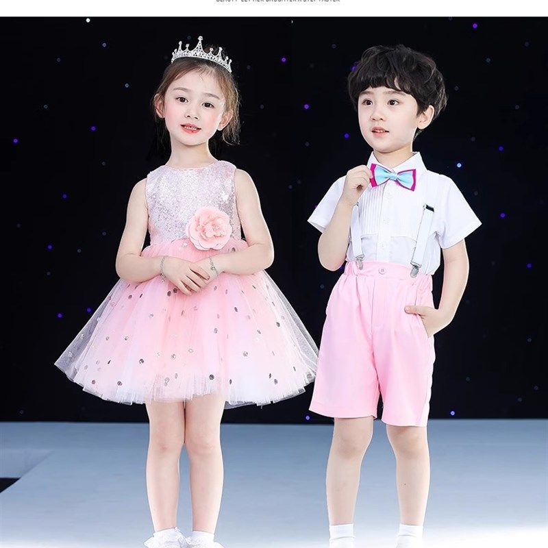 六一蓝色儿童演出服幼儿园男女童舞蹈蓬蓬裙男背带裤合唱表演服装