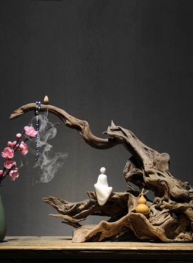 新中式迎客松风化木根雕禅意摆件 客厅茶室玄关桌家居饰品样板房