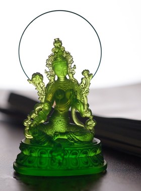 琉璃绿度母佛像摆件佛圈装饰家居车摆件家庭家用供奉观音佛像菩萨