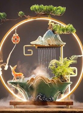 招财流水摆件创意喷泉循环水中式家居客厅办公室桌面装饰开业礼品