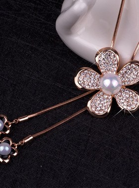 秋冬新款韩版时尚毛衣链花朵珍珠吊坠流苏项链女长款百搭衣服挂件