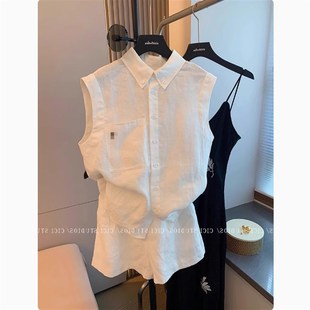 白色刺绣亚麻休闲套装 质感 女夏度假风背心两件套 巨爱 渠道货