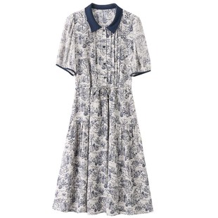 Polo小翻领连衣裙女夏季2024新款小个子收腰显瘦水墨碎花衬衫裙子