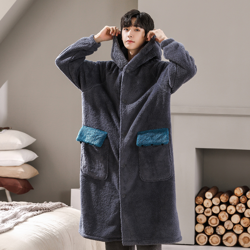秋冬季珊瑚绒男士加厚加绒保暖睡衣长款睡袍法兰绒浴袍家居服套装
