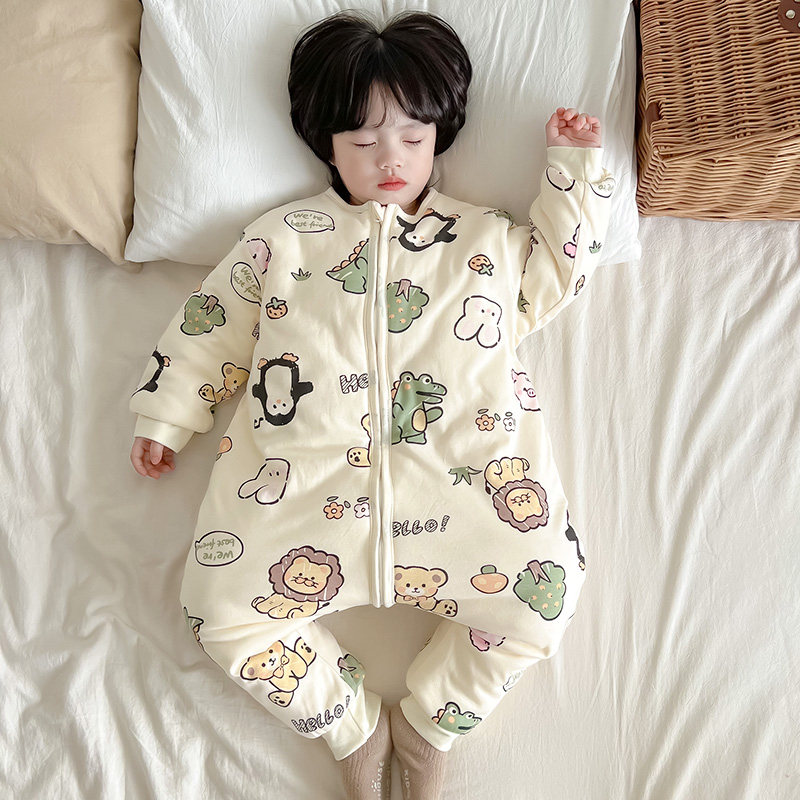 儿童连身睡衣秋冬季加厚夹棉男童宝宝春秋纯棉连身睡袋秋冬防着凉