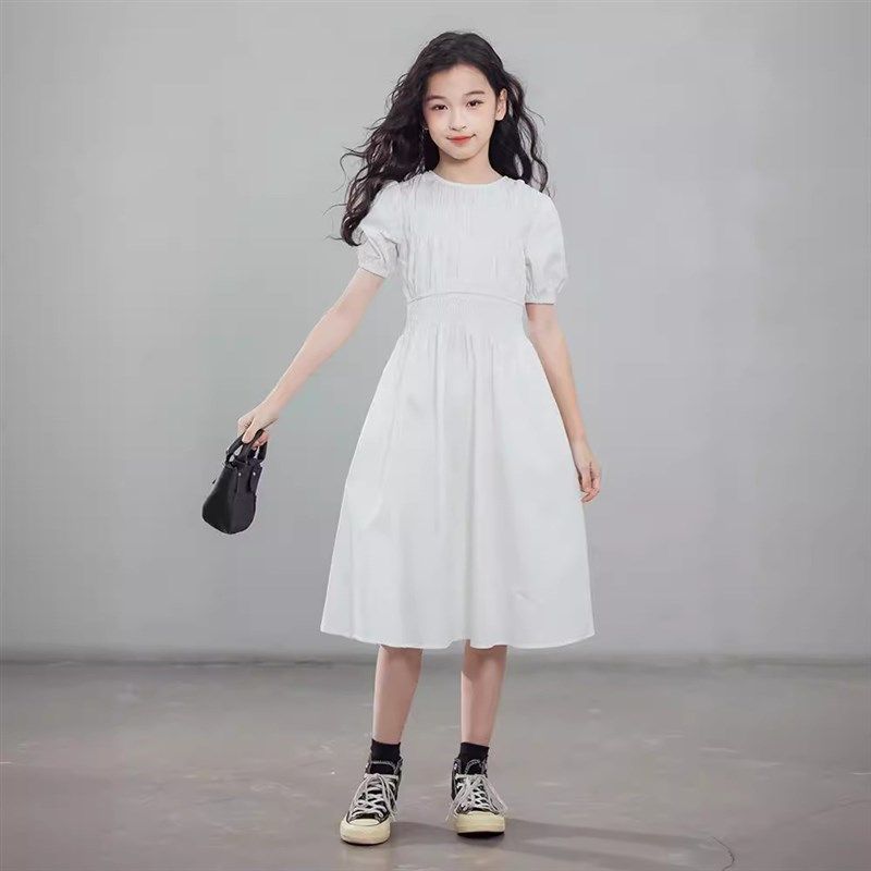 女童收腰连衣裙夏季新款中大童打榄修身洋气中长款A字裙白色长裙