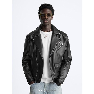 柜599!秋冬男装仿皮斜拉链机车夹克4391400 800皮衣外套8491/400