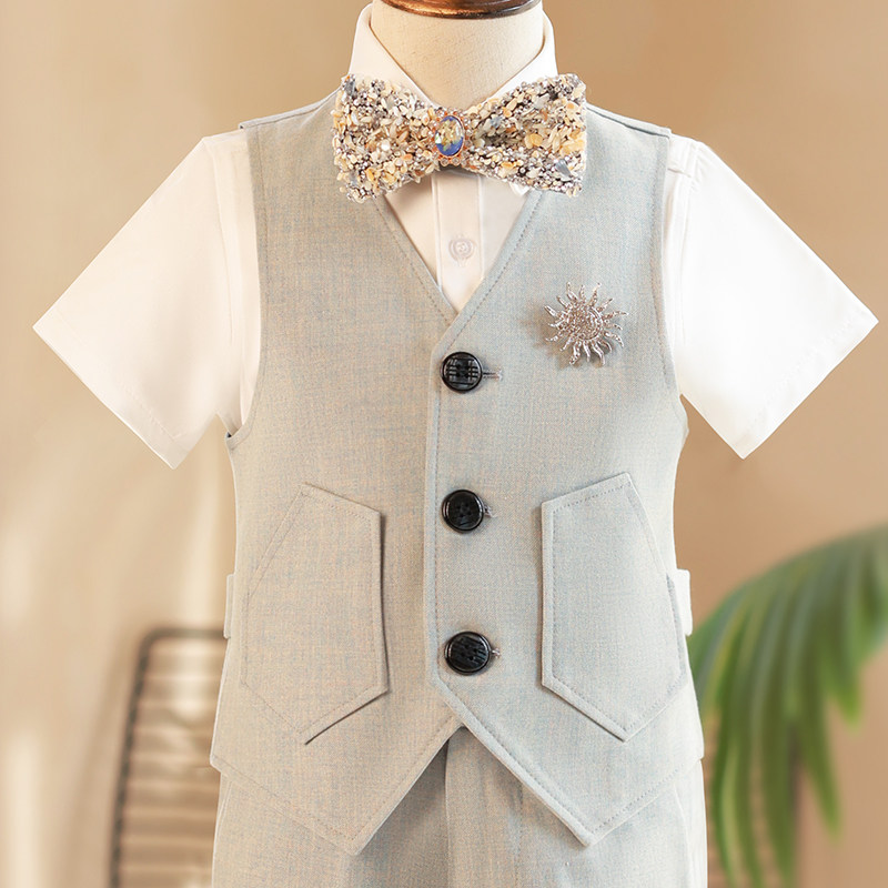 儿童西装套装男童礼服花童生日走秀马甲男孩演出主持人西服短袖夏