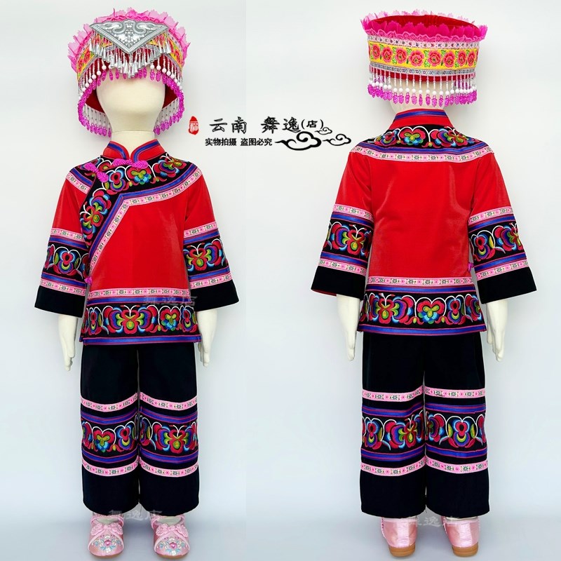 新款儿童女套装舞蹈表演服装彝族女童民族服装火把节绣花裤子套装