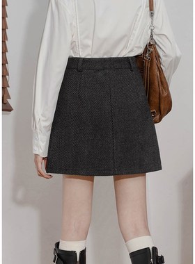 高腰毛呢A字百褶短裙女设计感不对称花灰色防走光内衬呢子半身裙
