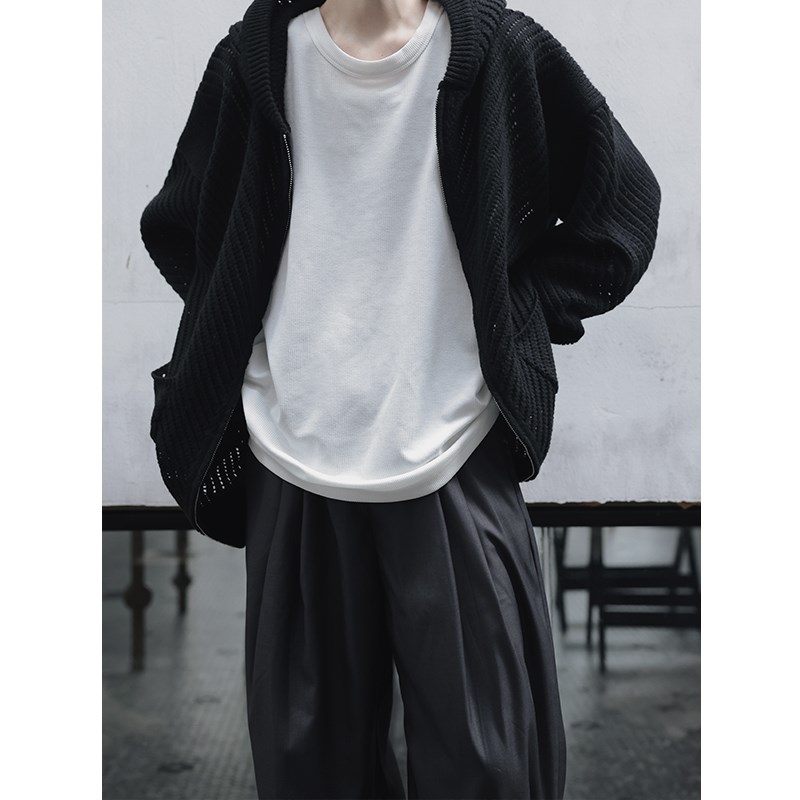 衣疫 早秋款奶油色/黑色镂空连帽毛衣外套拉链针织上衣男女款