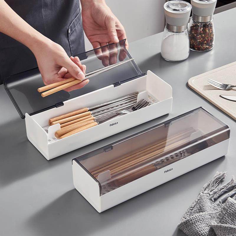 日本家用筷子盒厨房翻盖式沥水筷筒塑料带盖防尘餐具勺子收纳盒,餐饮具,筷子盒,淘宝优惠券,粉丝福利购,淘宝优惠卷