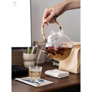 漱以耐热玻璃壶高硼硅玻璃竹节提梁壶明火电陶炉900mL烧水壶茶壶