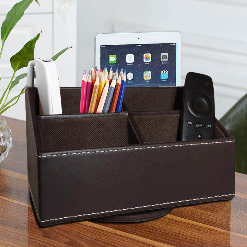 简约客厅桌面多格收纳盒皮革茶几摆件旋转杂物办公文具整理置物架