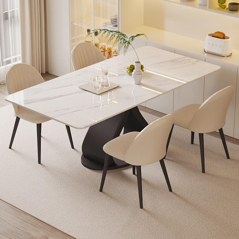意式纯白岩板餐桌家用小户型简约轻奢网红长方形餐桌椅组合现代
