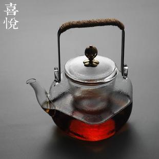 日式 喜悦茶铺 耐热玻璃茶壶铜把提梁烧水壶电陶炉专用煮茶泡壶